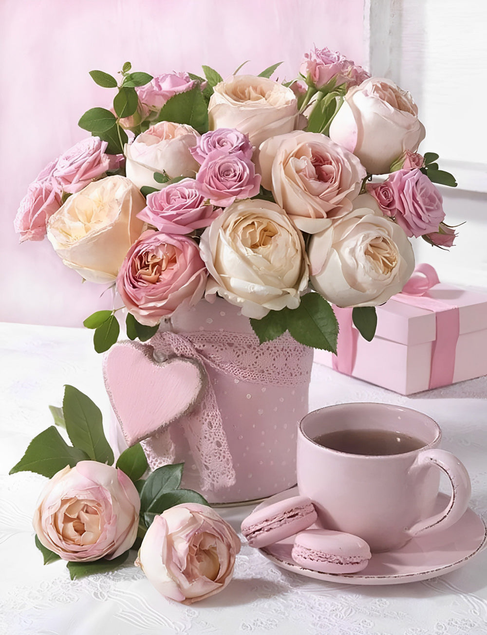 Bouquet rose de fleurs, café et peinture diamant cadeau