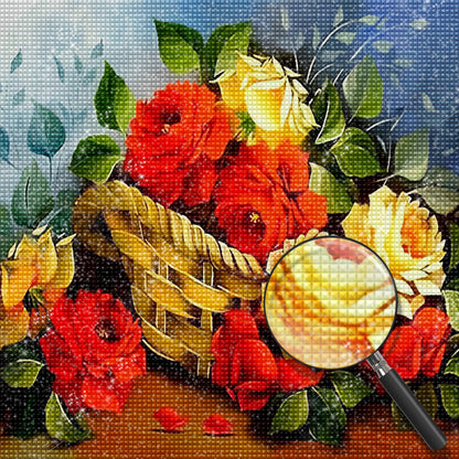 Rote und gelbe Rosen im Bambuskorb Diamond Painting