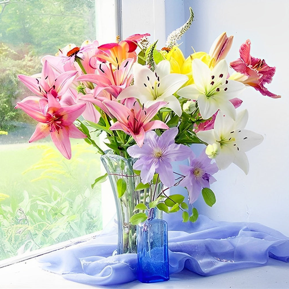 Colorful lilies at the window diamond painting