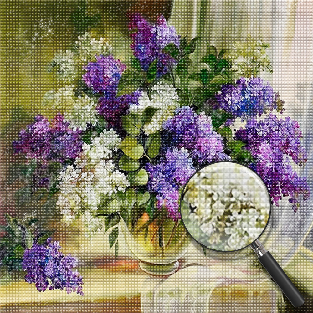 Purple and white lilacs at the window Diamond Painting