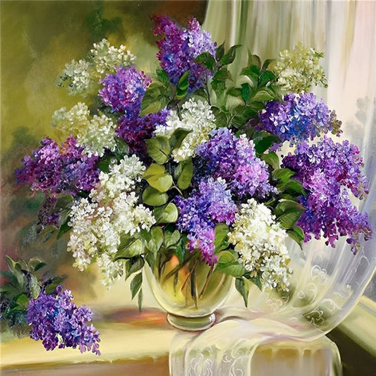 Lilas violets et blancs sur la peinture au diamant de la fenêtre