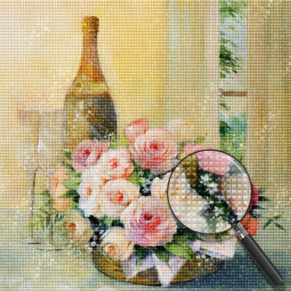 Pink Flowers and Wine Diamond Painting