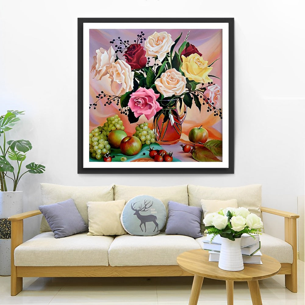 Peinture diamant roses et fruits