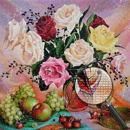 Peinture diamant roses et fruits