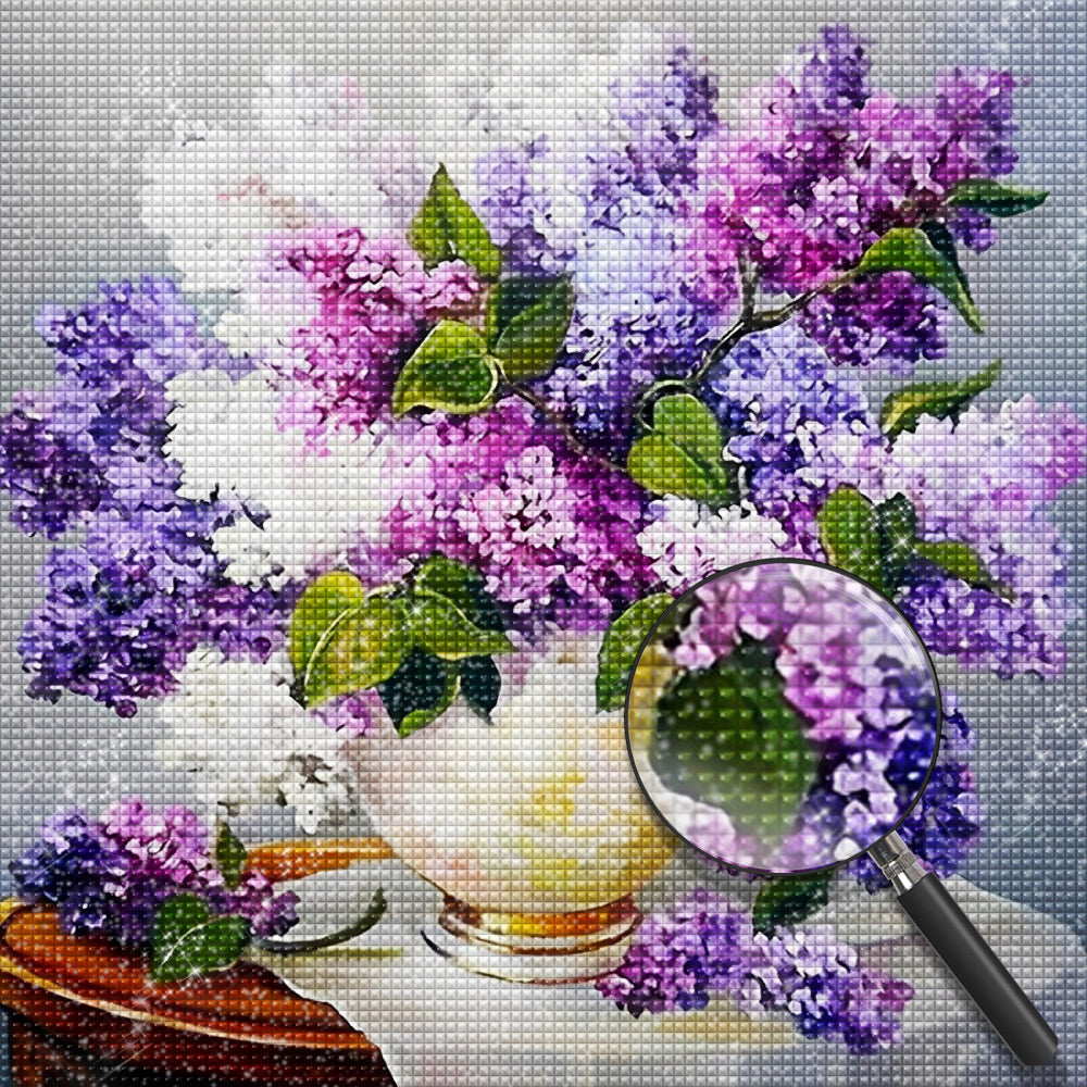 Purple flowers on the table diamond painting