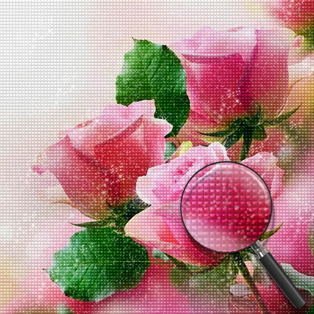 Pink roses and green leaves diamond painting