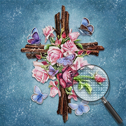 Kreuz, Blumen und Schmetterlinge Diamond Painting