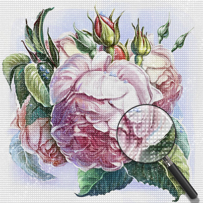 Peinture diamant pivoines et bourgeons roses