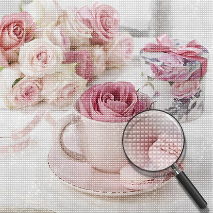 Rosen, Tasse und Macaron Diamond Painting