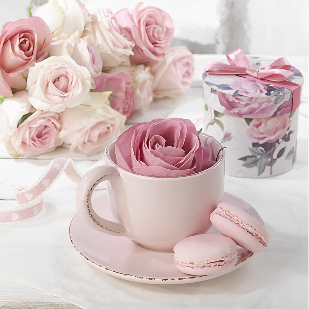 Rosen, Tasse und Macaron Diamond Painting