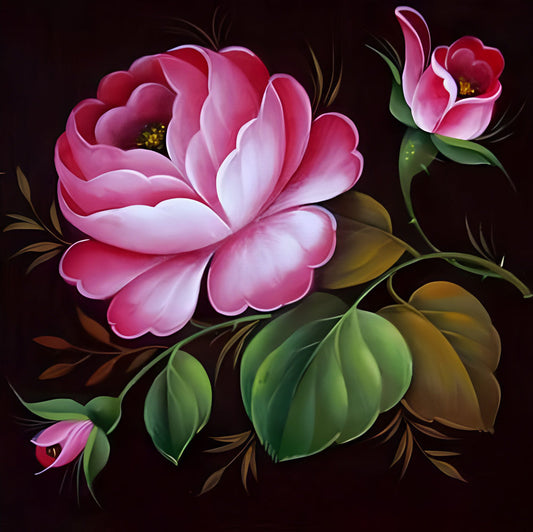 Peinture diamant pivoines roses et feuilles vertes