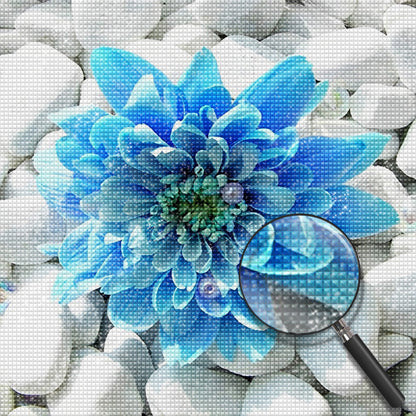 Chrysanthème bleu sur pierres blanches, peinture diamant