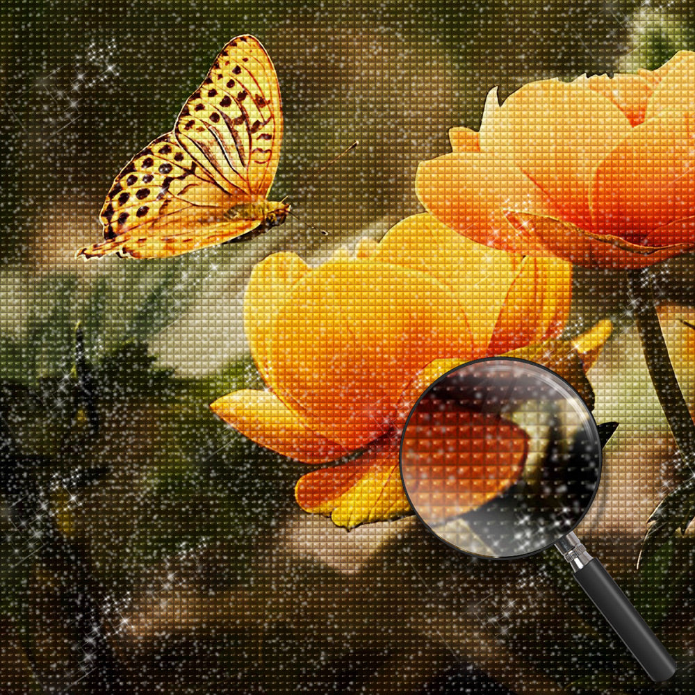 Orangefarbene Blumen und gelber Schmetterling Diamond Painting