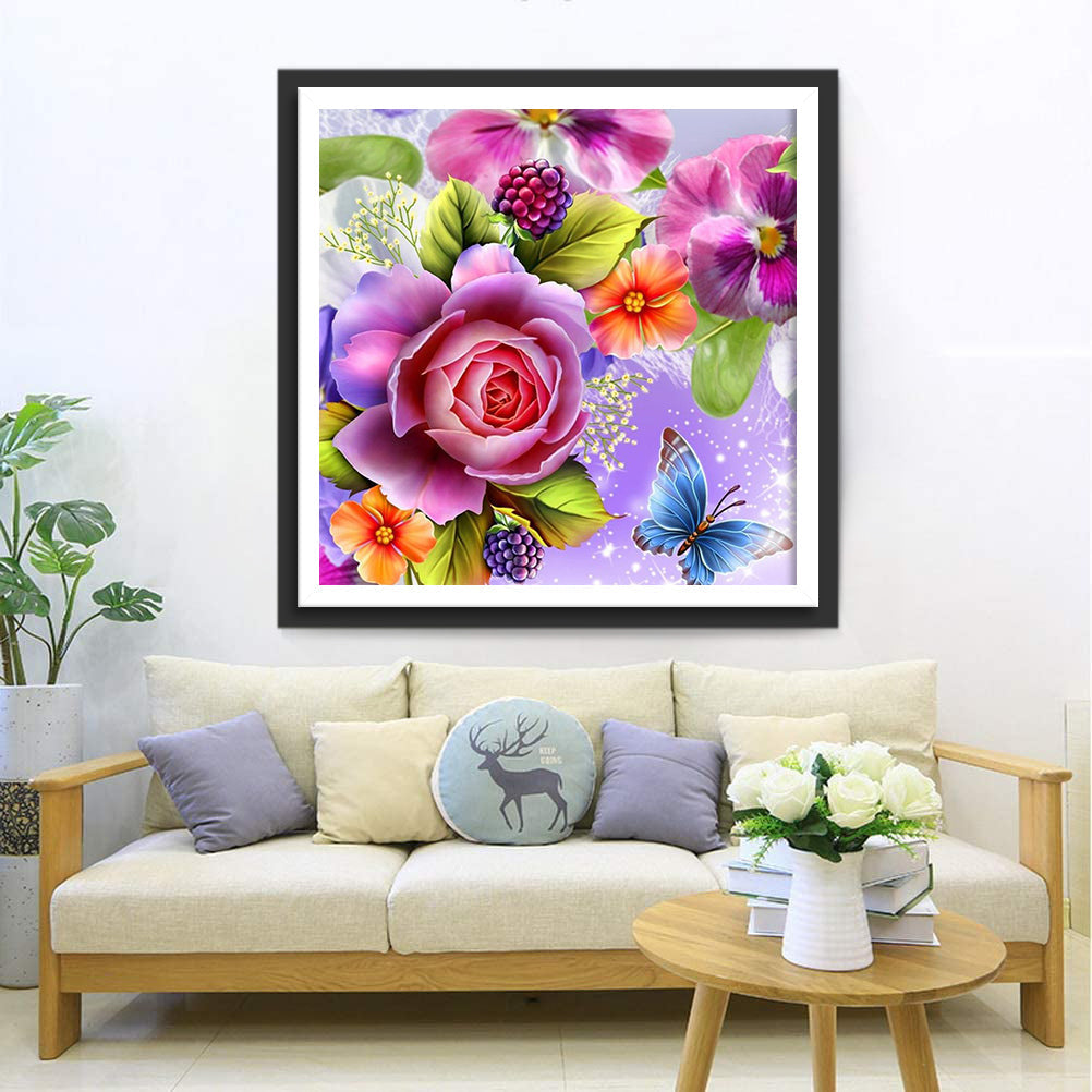 Flowers, raspberries and butterfly diamond painting