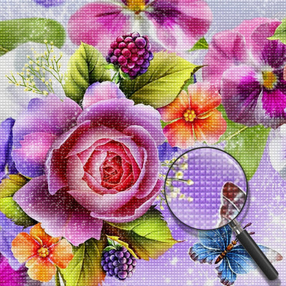 Flowers, raspberries and butterfly diamond painting