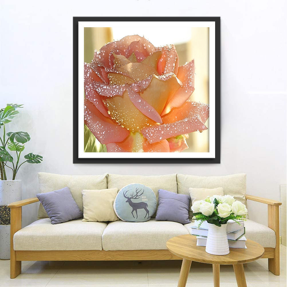 Pink Rose with Dewdrops Diamond Painting