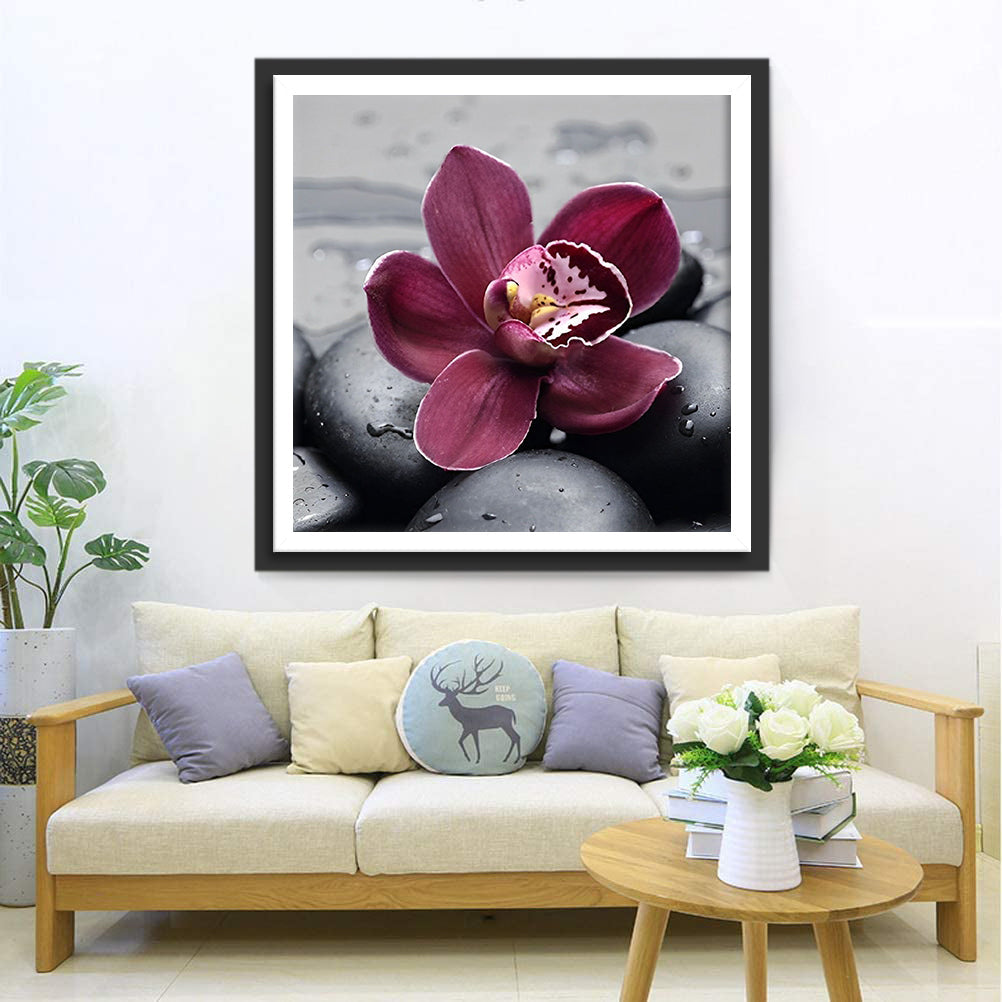 Orchideen und schwarze Kieselsteine Diamond Painting