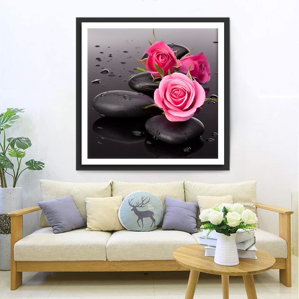 Peinture diamant roses roses et pierres noires