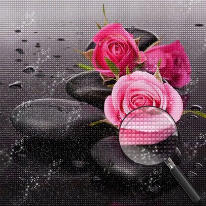 Peinture diamant roses roses et pierres noires