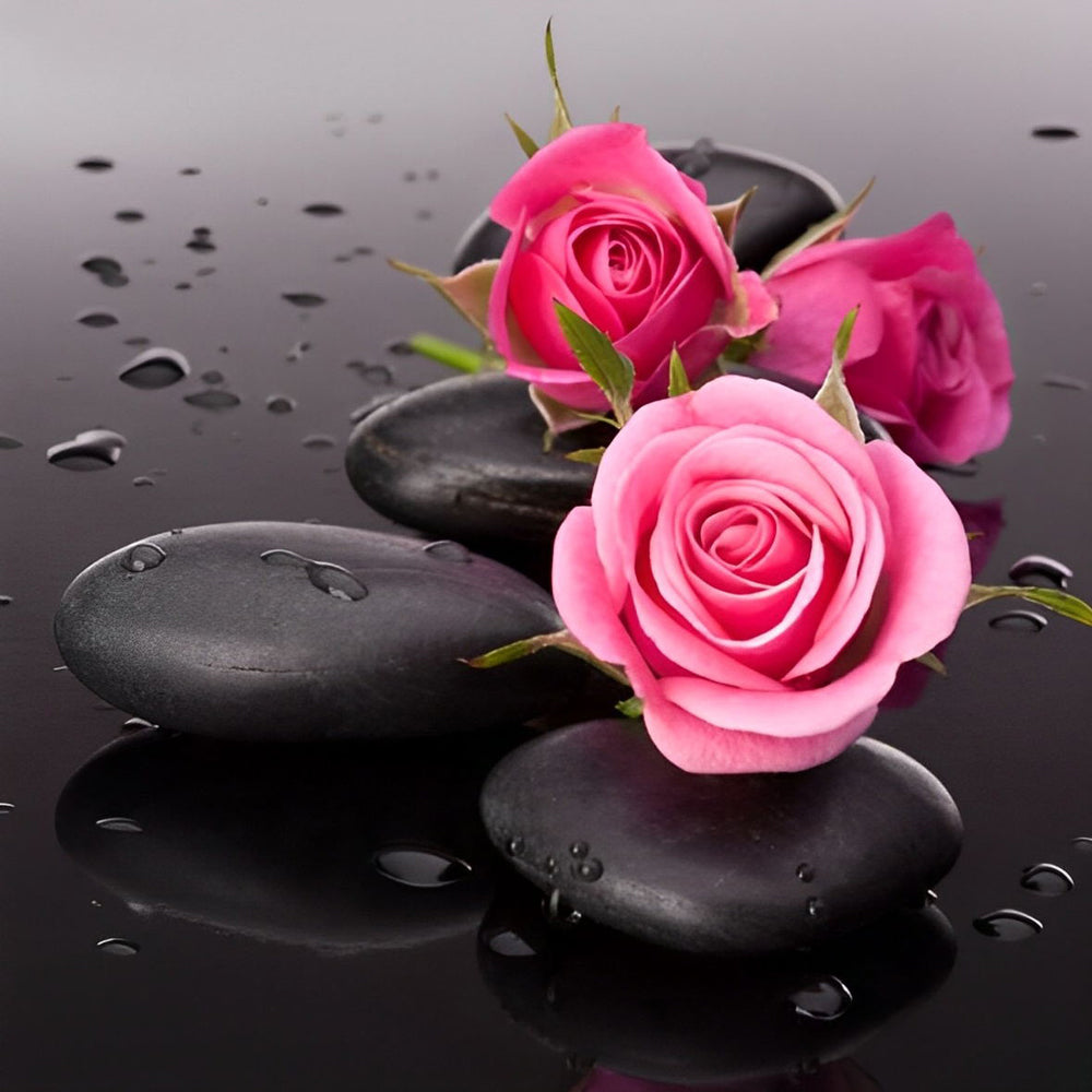 Peinture diamant roses roses et pierres noires