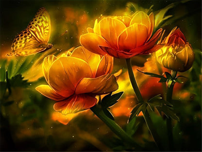 Golden Flowers and Butterfly Diamond Painting