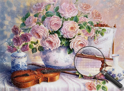 Pink Roses, Porcelain and Violin Diamond Painting