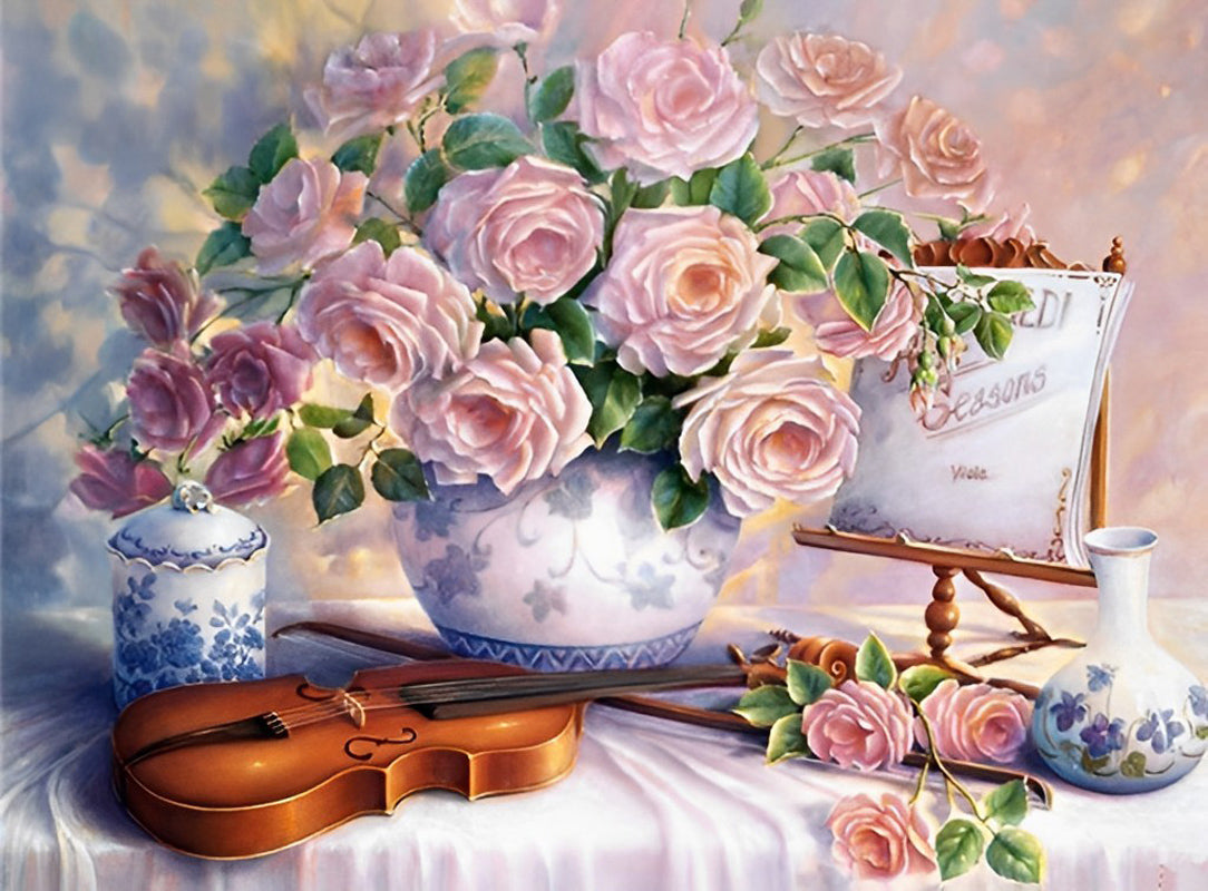 Pink Roses, Porcelain and Violin Diamond Painting