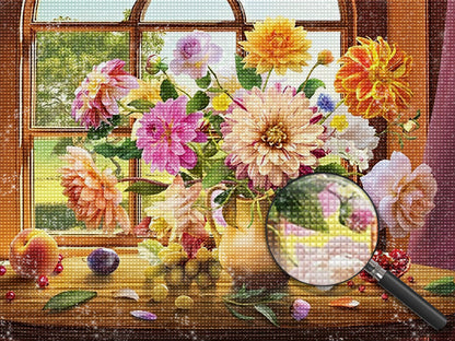 Chrysanthèmes et fruits devant la peinture diamant de la fenêtre