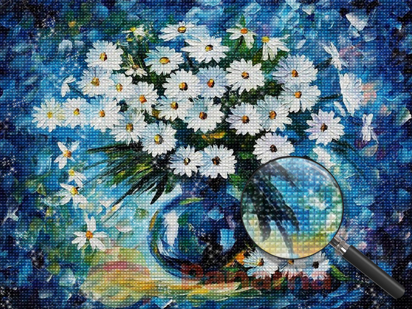 Blue Vase and White Daisies Diamond Painting