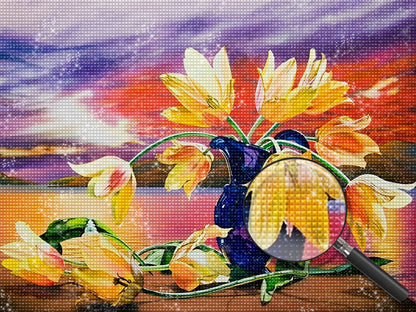 Tulipes jaunes au coucher du soleil Peinture au diamant