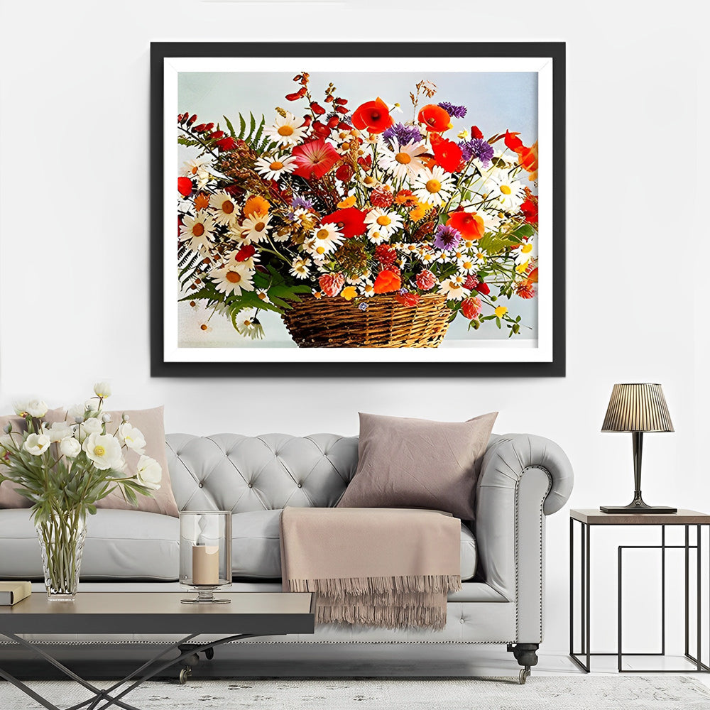 Marguerites et coquelicots dans une peinture diamant panier en bambou