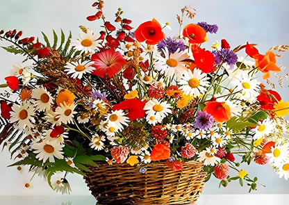 Marguerites et coquelicots dans une peinture diamant panier en bambou