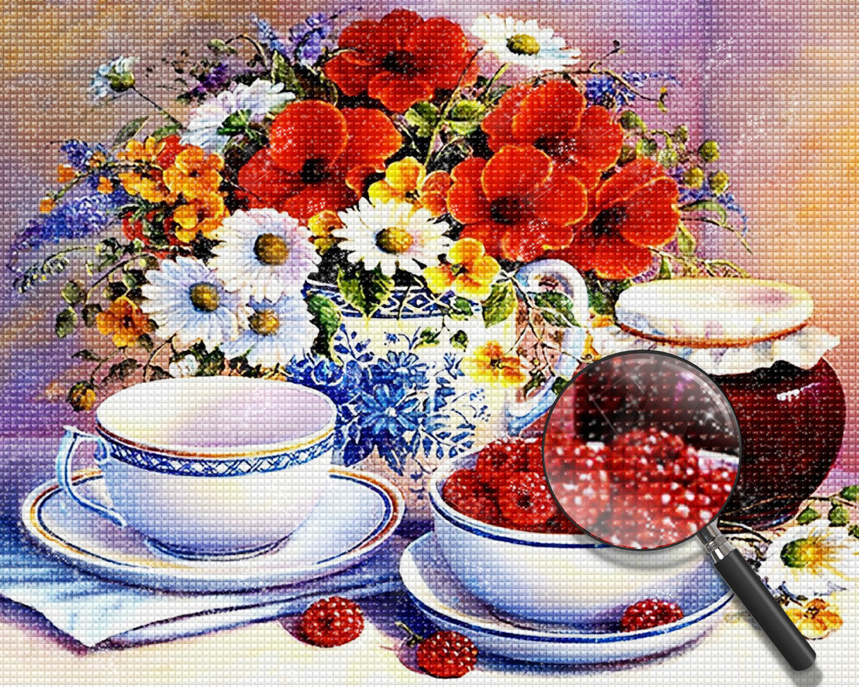 Peinture diamant porcelaines, fleurs et framboises