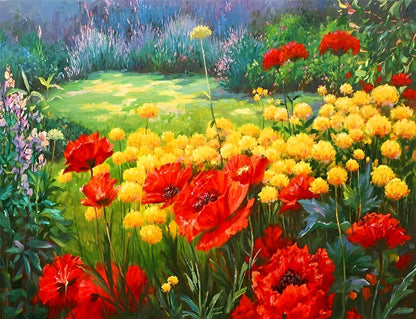 Rote und gelbe Blumen im Garten Diamond Painting