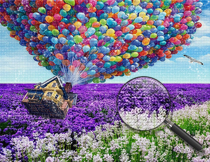 Lila Blumen und bunte Ballons Diamond Painting