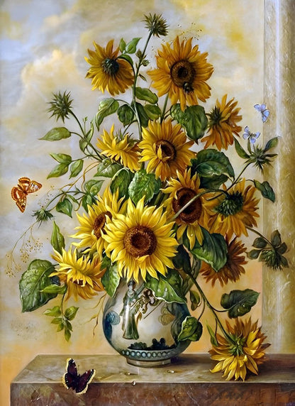 Sunflowers and butterfly on the table Diamond Painting