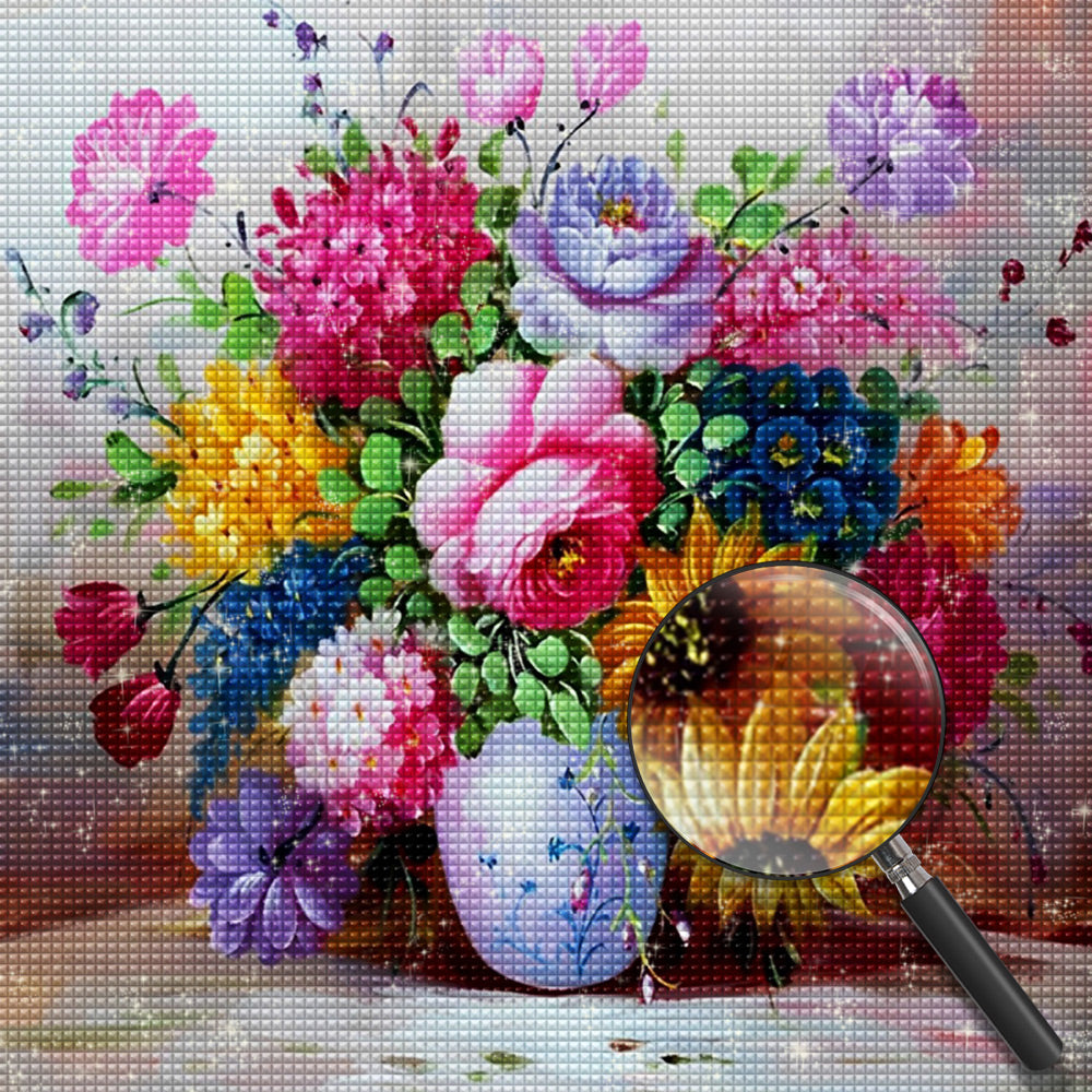 Fleurs colorées dans une peinture au diamant de bouteille blanche