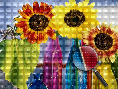 Sonnenblumen in bunten Glasflachen Diamond Painting