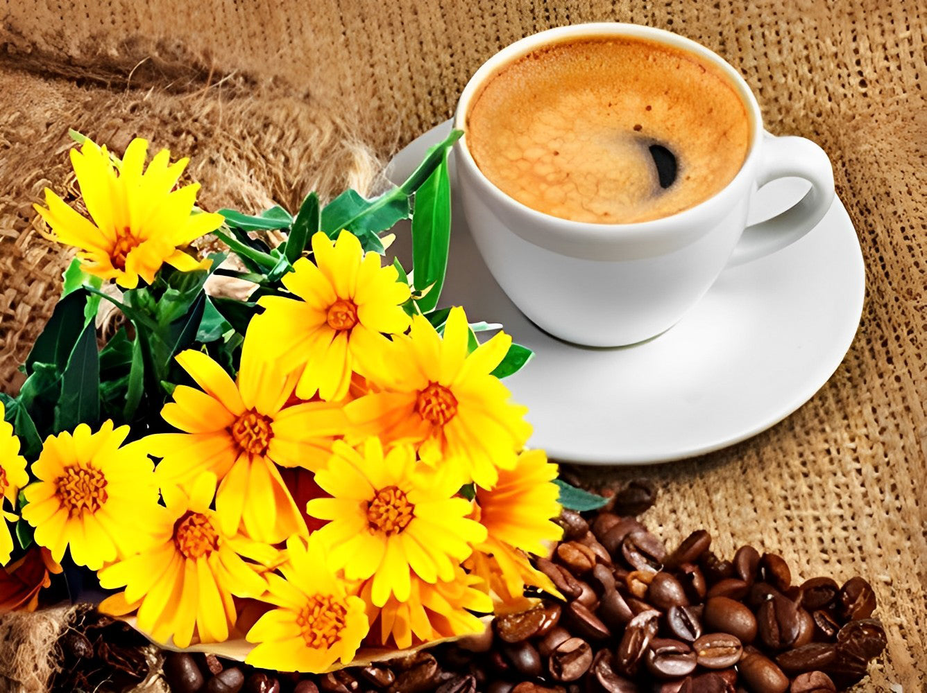 Sonnenblumen und Kaffee Diamond Painting