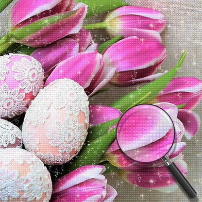 Ostereier und rosa Tulpen Diamond Painting