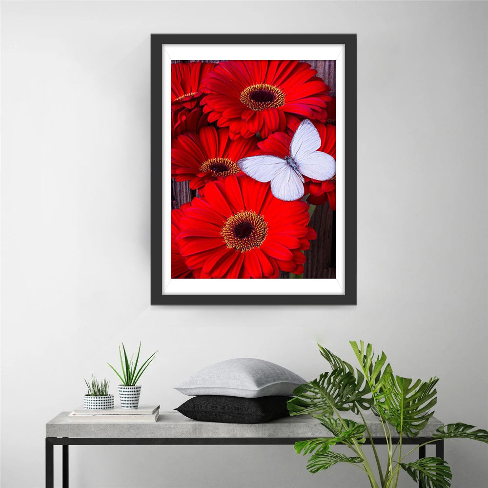 Rote Blumen und wei?er Schmetterling Diamond Painting