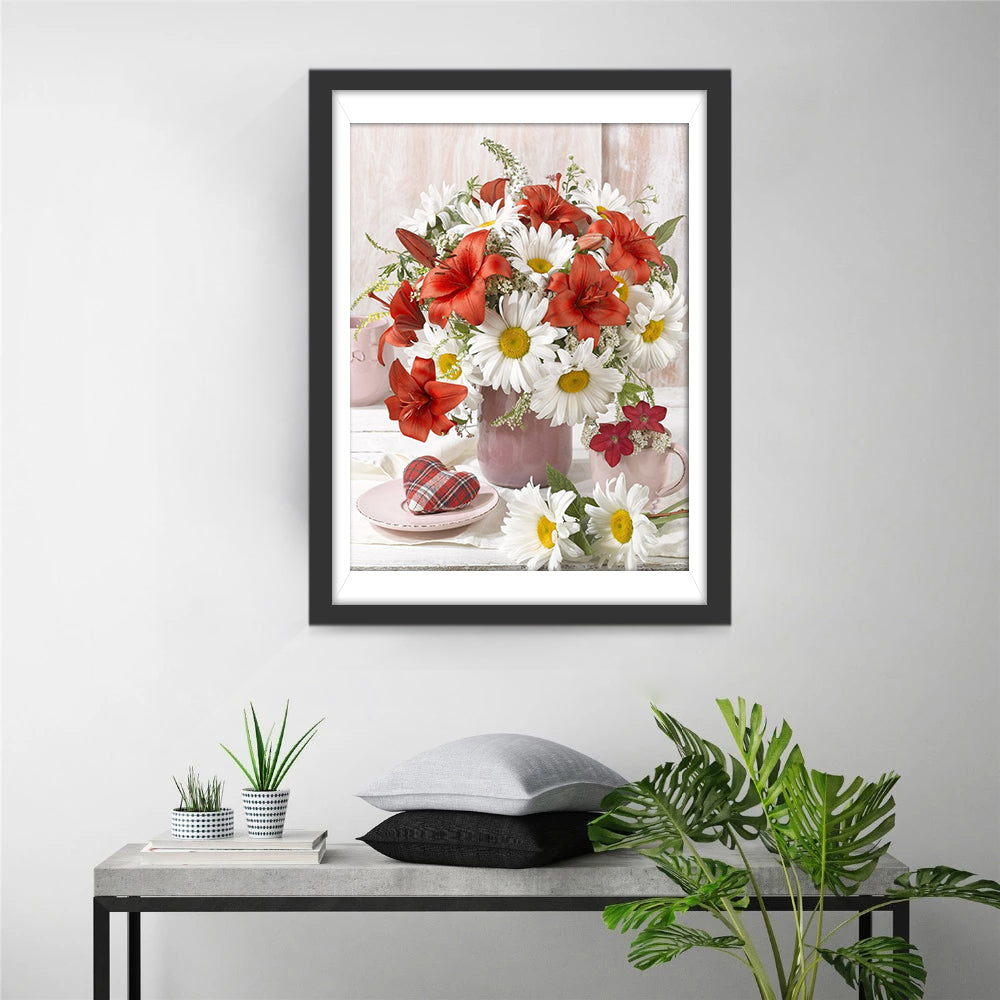 Red Lilies and White Daisies Diamond Painting