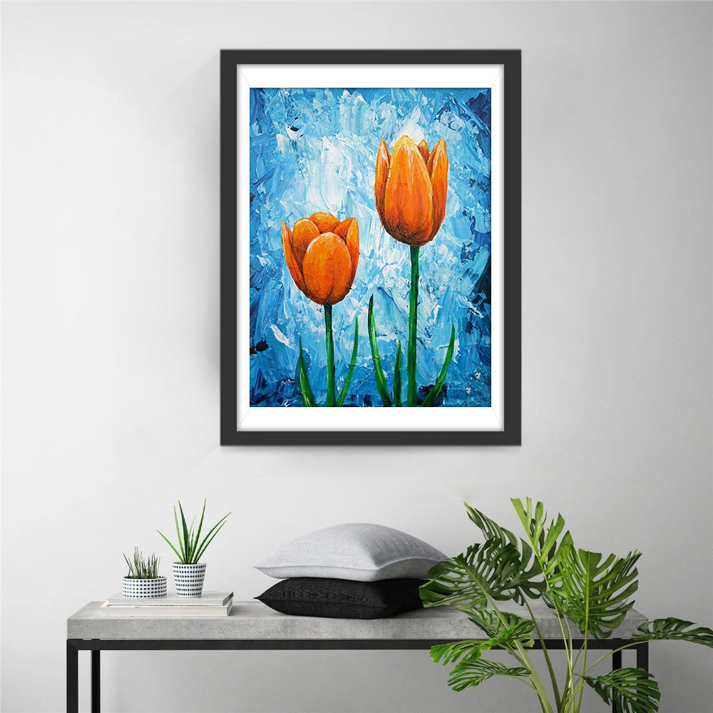 Orange Tulpen und blauer Hintergrund Diamond Painting