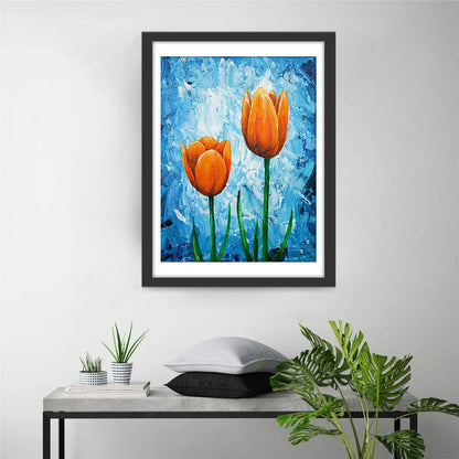 Tulipes orange et peinture au diamant sur fond bleu