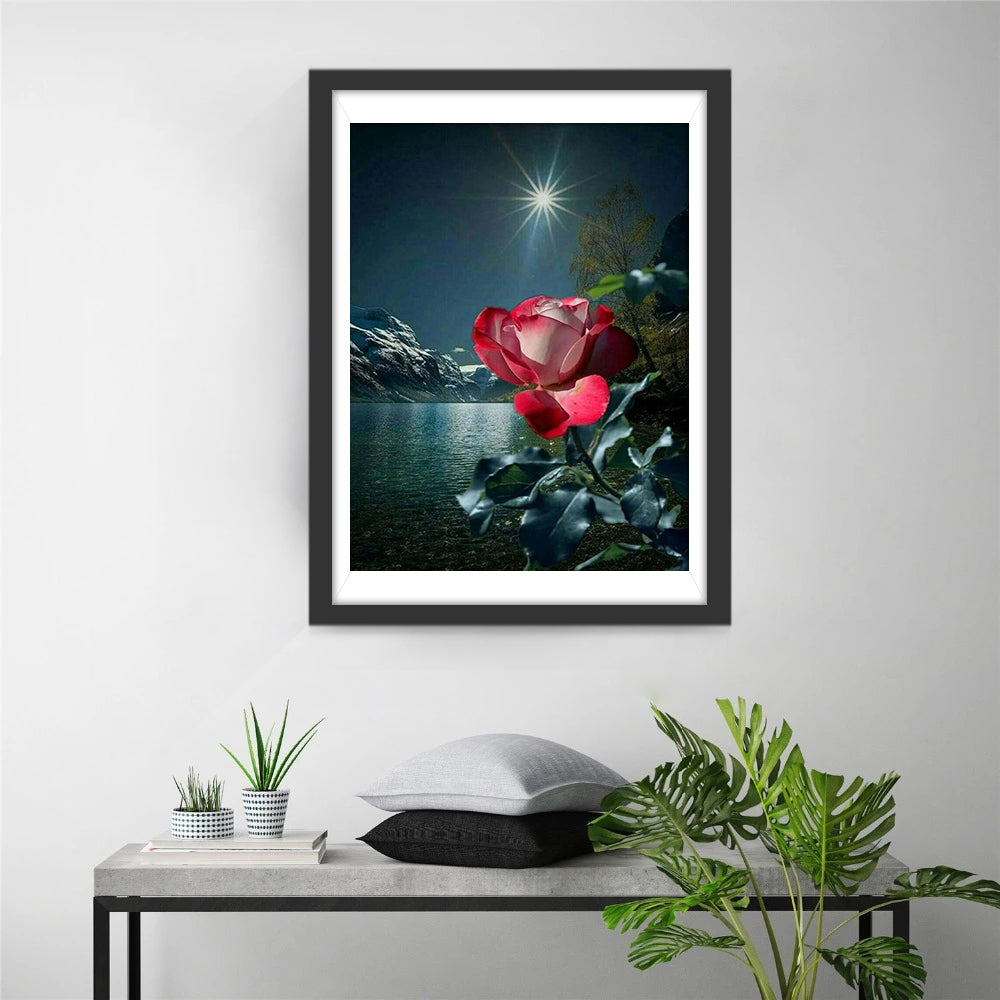 Red Rose on the Beach at Night Diamond Painting