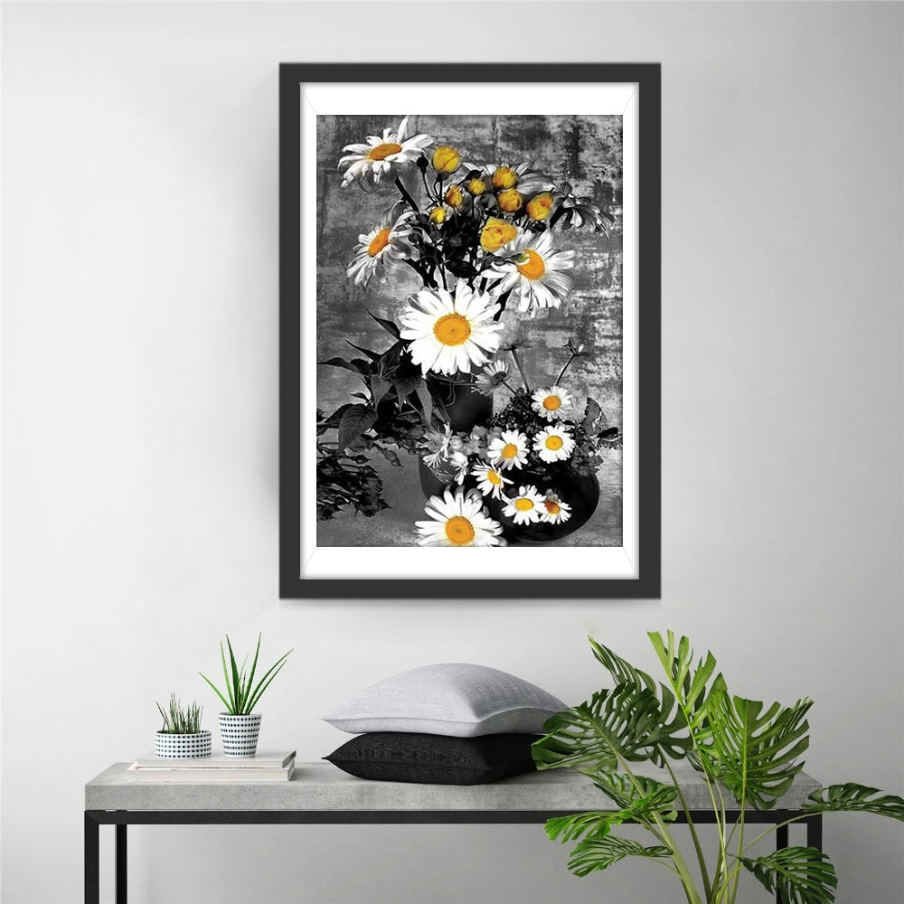 Wei?e G?nseblumen und gelbe Blumen Diamond Painting