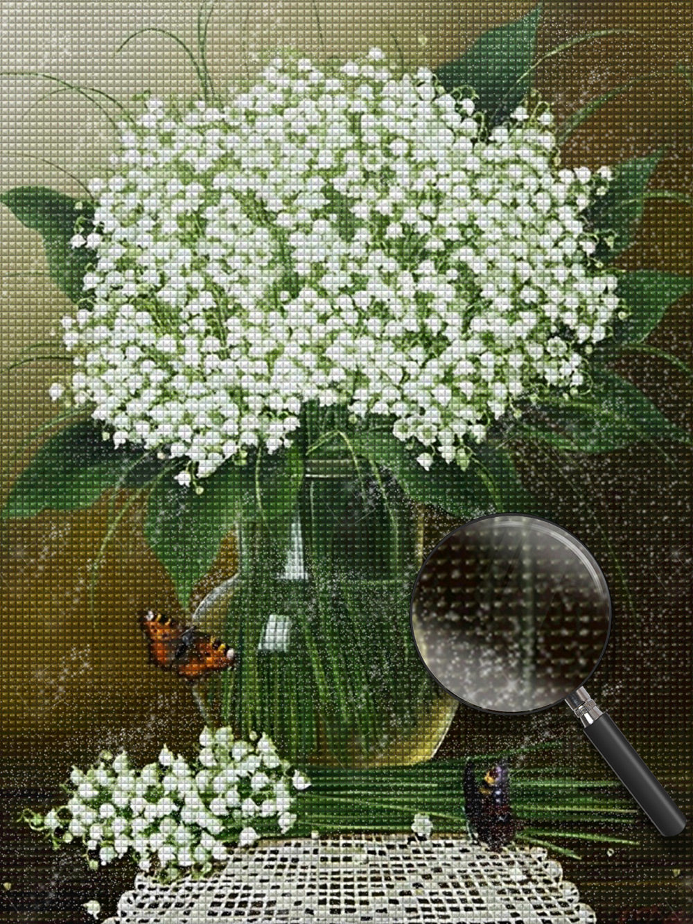 Peinture au diamant du muguet blanc dans la bouteille en verre