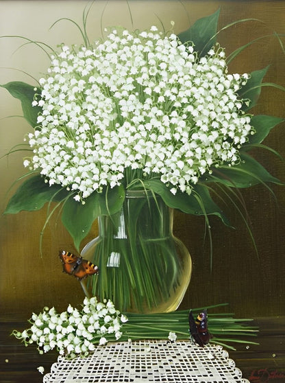 Peinture au diamant du muguet blanc dans la bouteille en verre