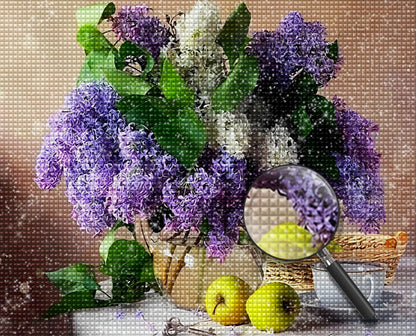 Lila Blumen und ?pfel auf dem Tisch Diamond Painting