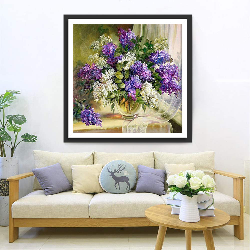 Purple and white lilacs at the window Diamond Painting